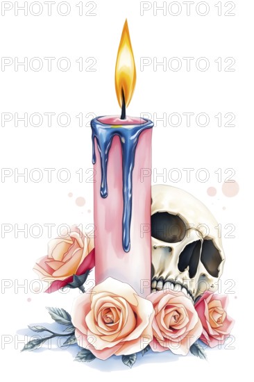 A pink candle burns brightly with blue wax dripping down its side. A human skull rests nearby, surrounded by soft pink roses. This still life combines beauty and contrast. AI generated