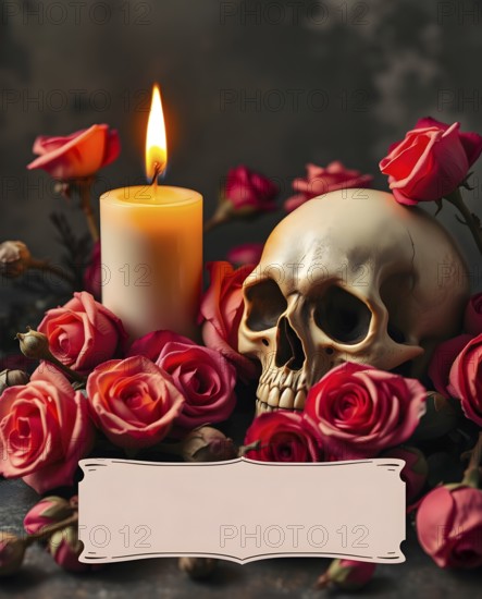 A warm candle flickers beside a skull, all set among vibrant dried roses. A blank card offers space for a special message, creating a striking and thoughtful display. AI generated