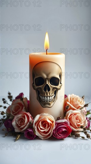 A striking gothic candle featuring a detailed skull design glows warmly at the center, encircled by an arrangement of soft, dried roses in pastel colors, creating a captivating atmosphere. AI generated