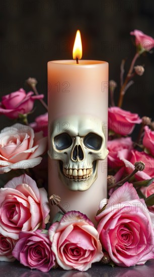 A lit gothic candle features a detailed skull design, surrounded by soft pink roses. The warm flame contrasts with the dark background, creating an intriguing atmosphere. AI generated