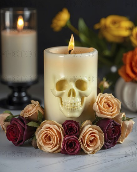 A carved skull candle surrounded by dried roses is placed on a white table. In the background, a bouquet of yellow roses adds warmth to the dark surroundings, creating a mysterious atmosphere. AI generated