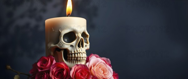 A skull candle flickers softly atop a bed of dried roses, creating a hauntingly beautiful display against a dark backdrop. A blank area is available for personalized text or notes. AI generated