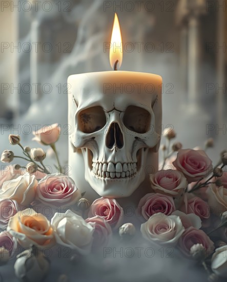 A gothic candle shaped like a skull burns brightly amidst dried roses, creating a hauntingly beautiful display. Smoke swirls gently, enhancing the eerie ambiance. AI generated