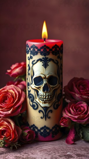 A striking skull-adorned ornamented candle glows with a warm flame, surrounded by vibrant red roses. AI generated