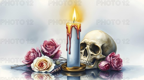 A blue candle burns steadily with melting wax dripping down, placed next to a human skull. Soft pink and white roses are arranged around the candle, all set on a shiny surface. AI generated