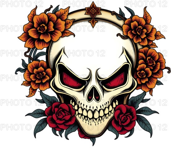 A striking design features a skull surrounded by vibrant flowers, blending elements of life and death. The bold colors create a captivating contrast, making it visually appealing. AI generated