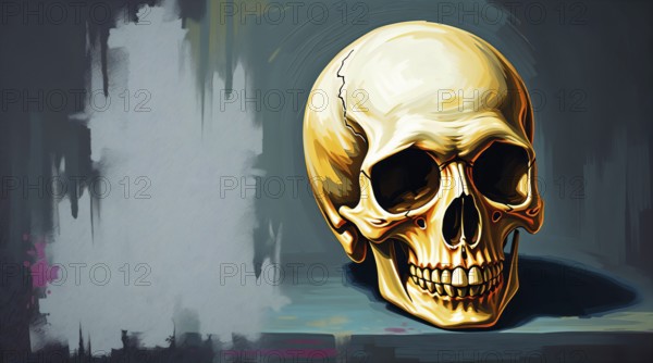 A detailed illustration of a human skull showcases vibrant colors and intricate shading. The skull is positioned prominently against a dark backdrop, leaving copy space for text, watercolor painting style. AI generated