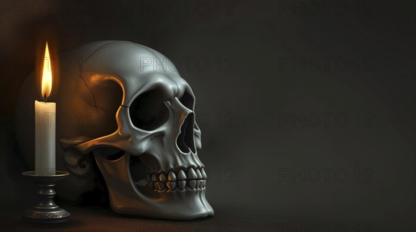 A skull is lit by a single candle, creating an eerie and mysterious atmosphere. AI generated