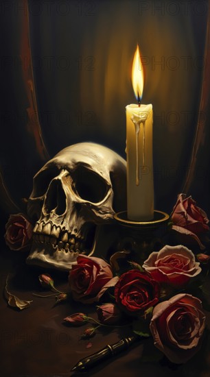 A glowing candle stands beside a golden skull, surrounded by red roses. The painted scene is dimly lit, creating a mysterious and dramatic ambiance. AI generated