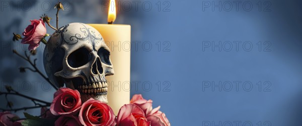 A detailed skull is surrounded by vibrant pink roses and a lit candle. This setting creates a serene spirit for Halloween or Day of the Dead on a soft blue background. AI generated