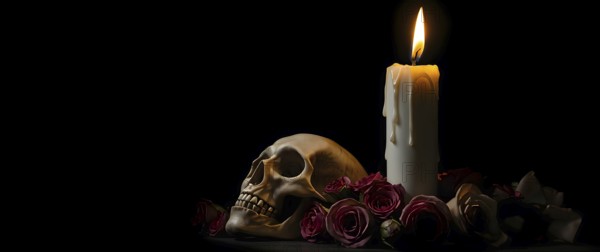 A gothic candle melts wax onto an old skull, with dried roses decorating the scene. The intense black background adds mystery and depth, creating a haunting atmosphere. AI generated