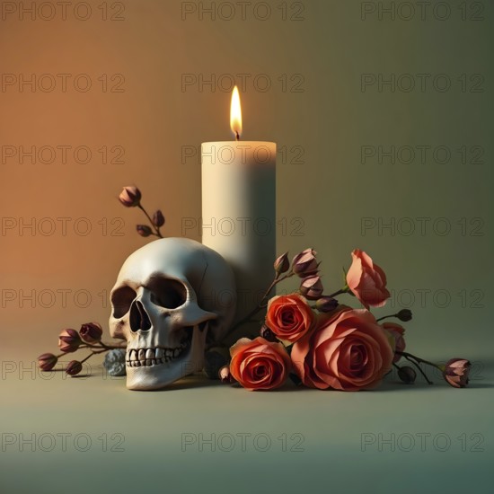 A white skull sits next to a lit candle and fresh roses, arranged elegantly on a softly lit surface. The warm glow creates a peaceful yet intriguing atmosphere. AI generated