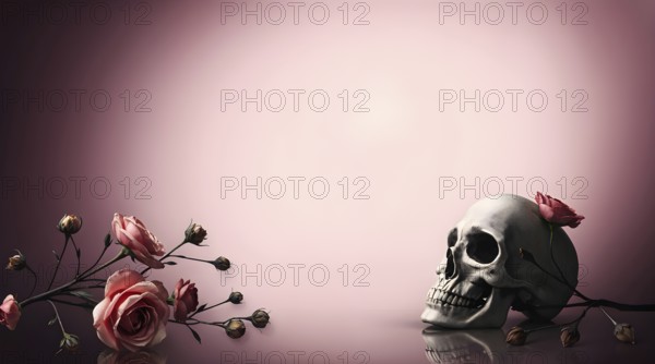 A candle stands beside an old skull adorned with dried roses against a soft pink backdrop. This eerie yet elegant arrangement leaves ample space for personal text or messages. AI generated
