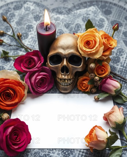 A gothic candle flickers beside a golden skull, while vibrant dried roses create an elegant border around a blank sheet of white paper, inviting creativity and expression. AI generated