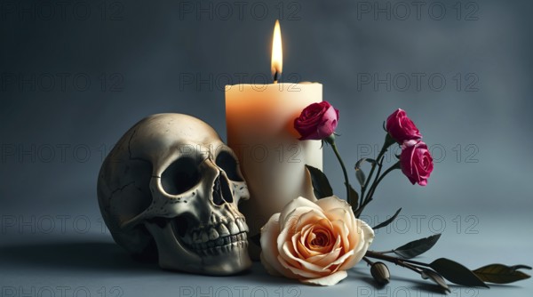 A skull beside a lit candle and roses creates a dark, moody still life with warm, mysterious ambiance. AI generated