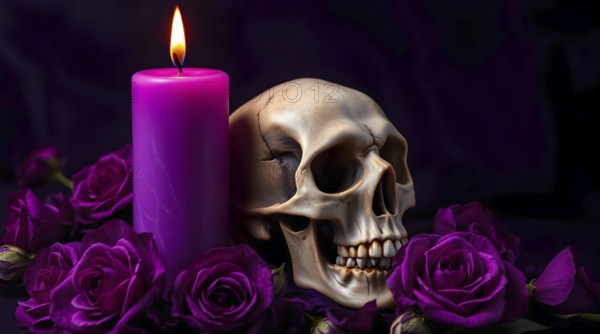 A human skull sits next to a glowing purple candle, surrounded by vibrant purple roses on a dark background. This scene creates a mysterious and intriguing atmosphere. AI generated
