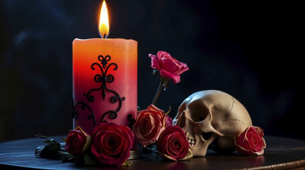 A colorful candle, adorned with patterns, sits beside vibrant roses and a realistic skull on a dark table, creating an eerie yet beautiful ambiance, perfect for Halloween or Day of the Dead themed events. AI generated