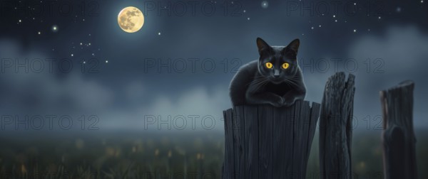 A black cat with bright yellow eyes perches on an old wooden post. The full moon lights up the night sky, creating an eerie yet beautiful scene in a quiet field on Halloween night. AI generated