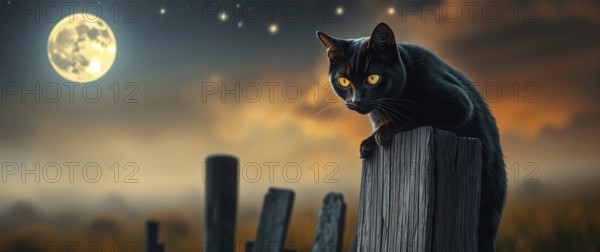 A black cat with striking yellow eyes sits gracefully on a weathered wooden post. The bright full moon illuminates the calm night sky, creating a mystical Halloween atmosphere. AI generated