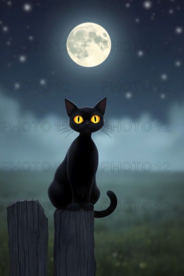 A black cat with bright yellow eyes sits on an old fence post. The full moon shines brightly overhead, illuminating the calm Halloween night sky filled with stars. AI generated
