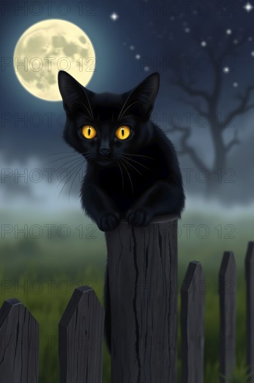 A black cat with glowing yellow eyes perches on a wooden fence post. The scene features a mysterious, foggy landscape illuminated by a full moon. Stars twinkle in the night sky. AI generated
