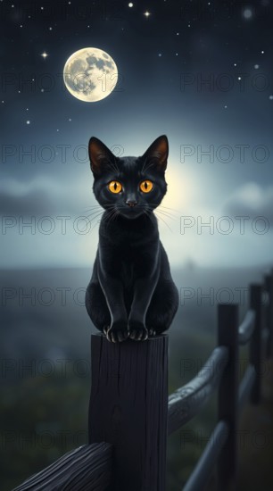 A black cat with striking orange eyes sits confidently on a wooden post. The full moon casts a soft glow, illuminating the night sky filled with stars. AI generated