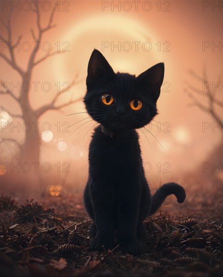 Black kitten with orange eyes sitting in a spooky forest under a full moon at dusk on Halloween. The full moon casts a mysterious glow on the scene at twilight. AI generated