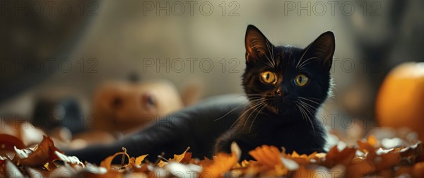 Black cat lies among colorful autumn leaves and pumpkins in an autumn park or forest, creating warm, cozy, inviting Halloween atmosphere. AI generated