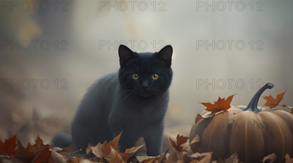 Black cat standing beside a pumpkin on the ground covered with fallen autumn leaves in misty forest. The atmosphere is misty and calm, evoking a serene fall day. AI generated