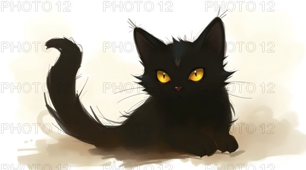 A cute black cat with striking yellow eyes painted in a cartoon style on a soft background. AI generated