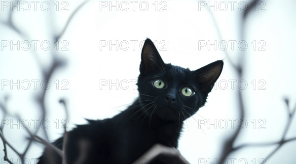 A black cat with green eyes surrounded by blurred twisted branches, showcasing its curiosity and alert expression, white background. AI generated