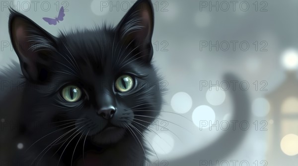 Cute black cat with bright green eyes and a small purple butterfly on its head in a soft, dreamy bokeh background. AI generated