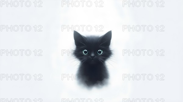 A cute black cat with large eyes set A small black kitten with large blue eyes sits in a soft mist against a soft white background. The focus is on its curious expression, creating a magical and whimsical atmosphere. AI generated