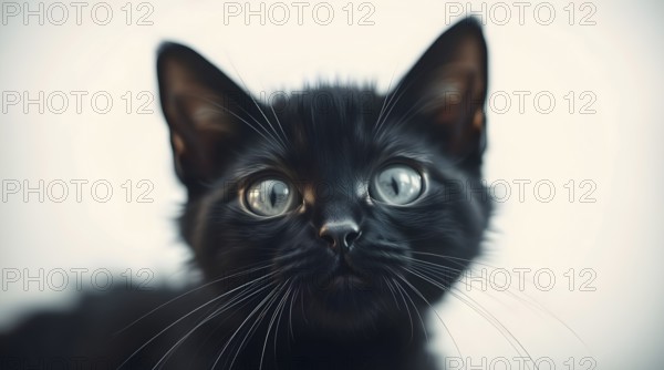 A delightful black kitten with bright blue eyes gazes at the camera with curiosity. Its fur is fluffy, and its whiskers are prominent. The simple white background highlights the kitten's charm. AI generated