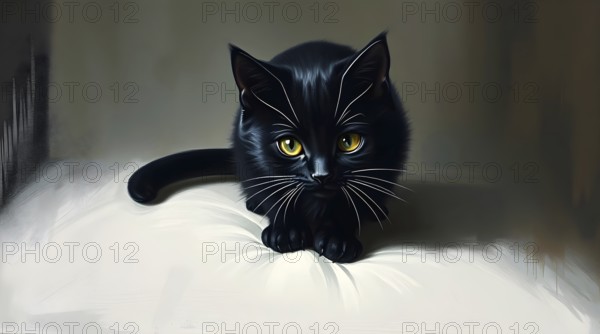 A black cat with striking yellow eyes staring intently, painted in an artistic style against a dark background. AI generated