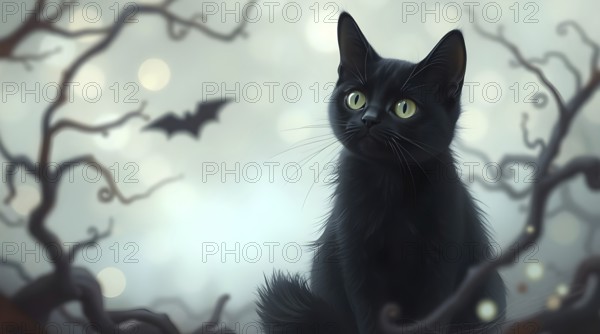 A black cat sits serenely among twisted branches under a starry night sky. Its green eyes reflect curiosity as a bat flies nearby, adding a touch of mystery. AI generated