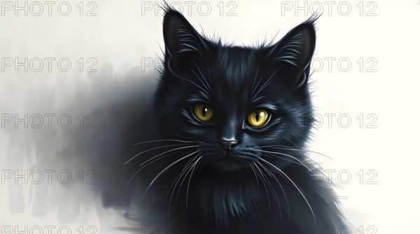 Black cat with striking yellow eyes staring at the viewer in a realistic artistic style, painted on white background. AI generated