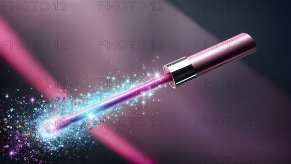 A vivid lip gloss wand emitting colorful sparkles and glitter in a magical, enchanting setting. AI generated