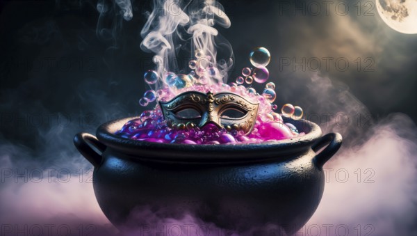 A cauldron filled with vibrant pink bubbles emits smoke as a decorative masquerade mask floats on top. The scene is set at night, illuminated by a bright full moon on Halloween night. AI generated