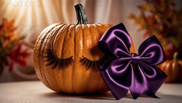 A vibrant orange pumpkin adorned with long eyelashes on a table. A shiny purple bow sits nearby, adding a festive touch. Autumn leaves in the background create a warm Halloween or Thanksgiving atmosphere, seasonal ideas for beauty industry. AI generated