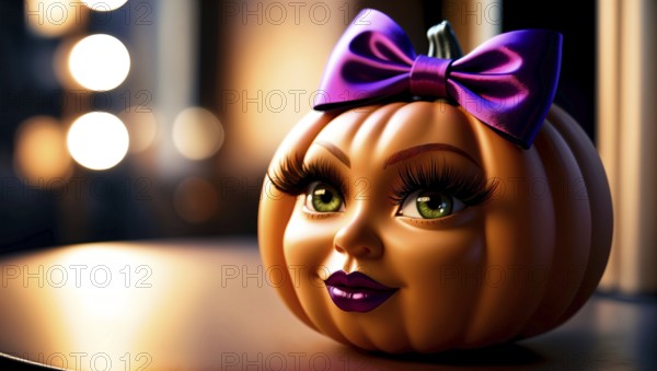 A creative pumpkin design featuring a doll-like face with large green eyes, bold eyelashes, and a purple bow. The setting is warmly lit, enhancing the festive look. Halloween and beauty industry concept. AI generated