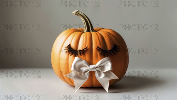 A pumpkin adorned with eyelashes and a white bow on a minimalist background, Halloween beauty industry concept. AI generated