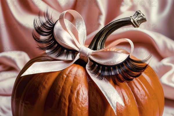 A pumpkin decorated with false eyelashes and a ribbon, set against pink fabric, creating a whimsical and elegant autumn scene, a beauty industry Halloween concept. AI generated