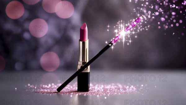 A vibrant pink lipstick stands upright next to a magic wand, shimmering with sparkles. This enchanting setup captures the essence of Halloween beauty for creative looks. AI generated
