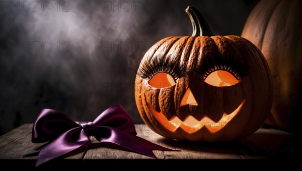 A carved Halloween pumpkin with eyelashes and a cheerful grin glows brightly on a wooden table at night with smoke or mist in the background. A purple bow lies beside it, enhancing the festive Halloween atmosphere for the beauty industry. AI generated
