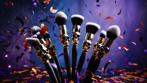 Unique makeup brushes featuring a skull design are beautifully arranged, surrounded by colorful confetti at a Halloween-themed beauty event. The festive atmosphere highlights creativity in cosmetics. AI generated