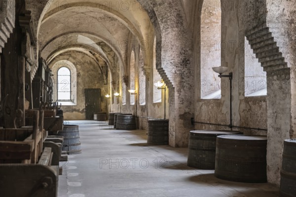 Eberbach Abbey, lay refectory, exhibition of historic wine presses from the period from 1668 to 1801, Eltville, Rheingau, Hesse, Germany