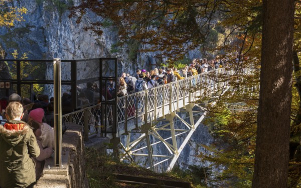 People queue on Marienbrücke near Neuschwanstein Castle, in an autumn forest landscape, Schwangau, Königswinkel, Ostallgäu, Allgäu, Swabia, Bavaria, Germany
