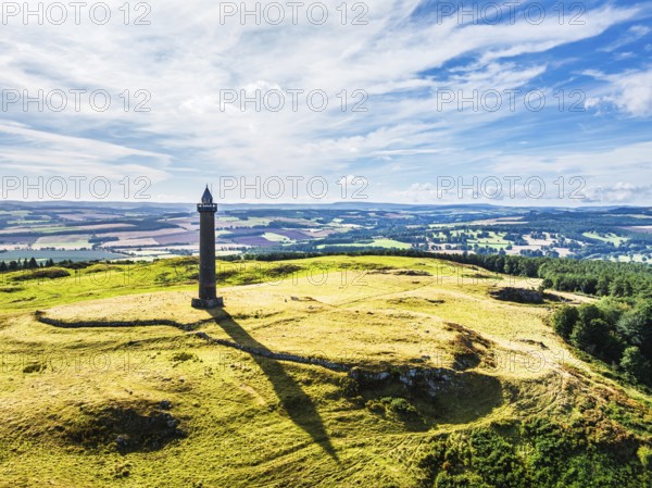 Waterloo Monument over Scottish fields and farms from a drone, Jedburgh, Scotland, UK