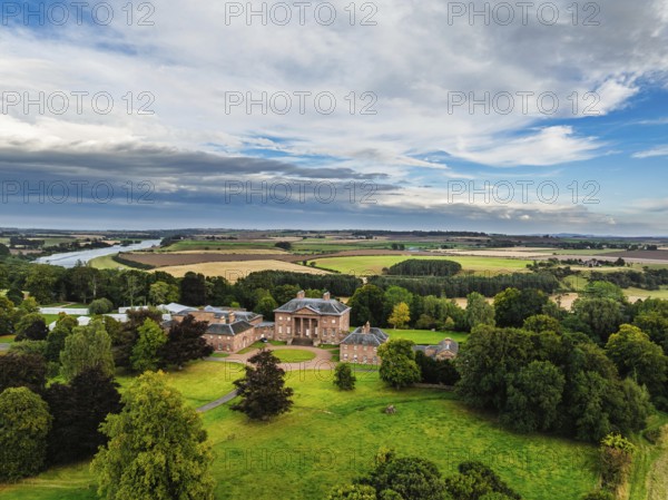 Paxton House over River Tweed from a drone, Paxton, Berwick-upon-Tweed, Berwickshire, Scotland, UK